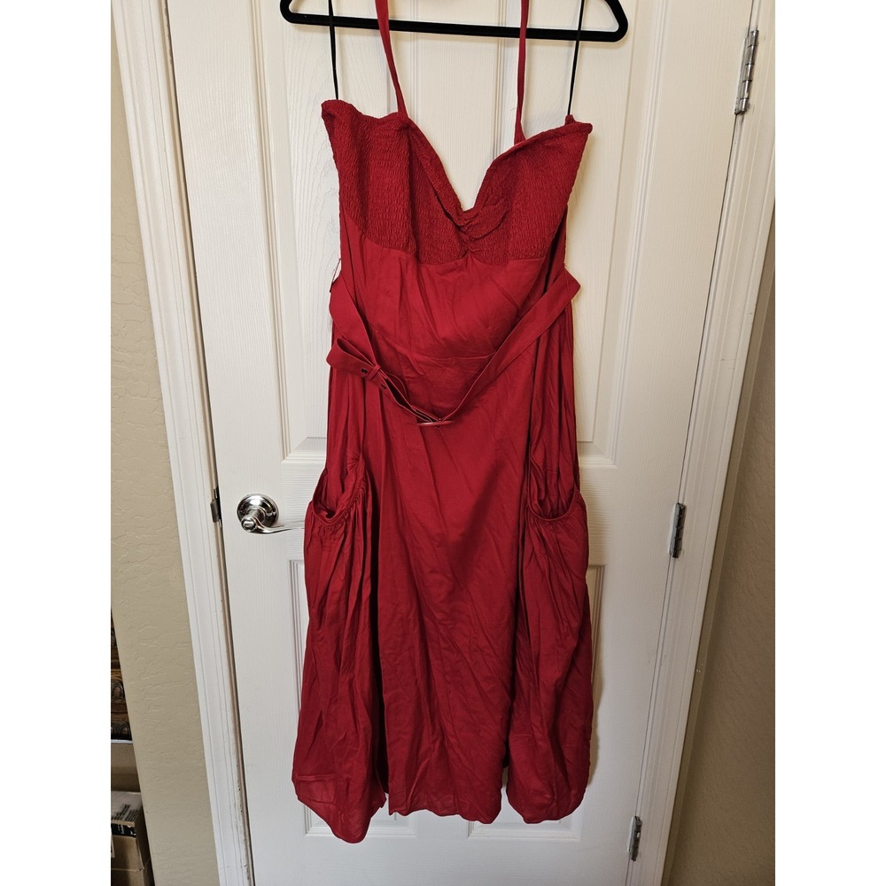 NWT Venus Red Side Pockets Boho Smocked Ruched Bodice Midi Dress w/Belt, Plus 22